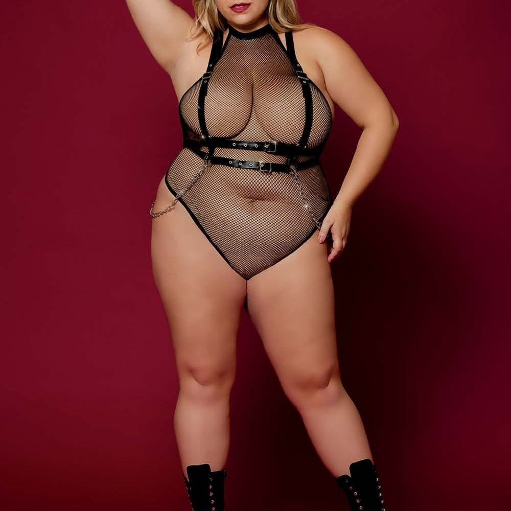 Body en résille, grande taille, avec Harnais simili cuir et chaines - DG13291XBLK