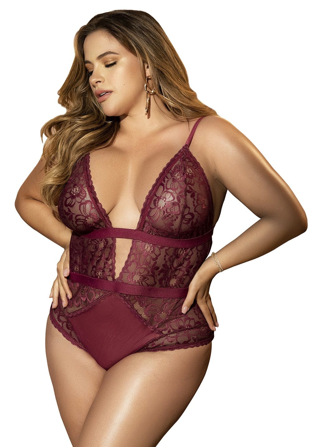 Body grande taille couleur prune en dentelle - MAL8654XBUR