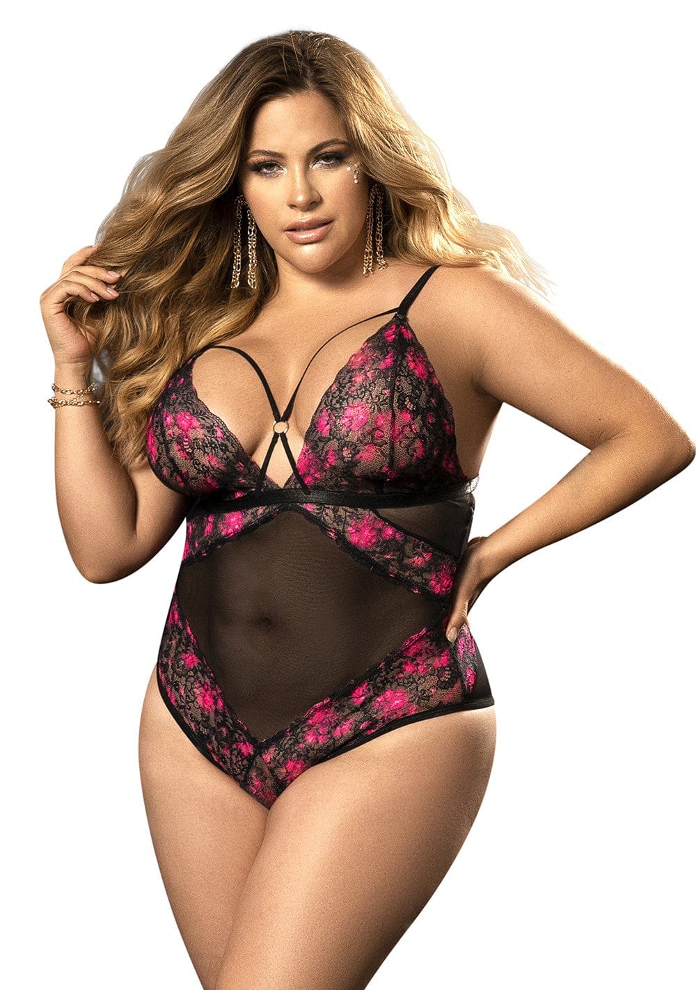 Body, grande taille,  en fine résille et imprimé florale - MAL8644XBPK