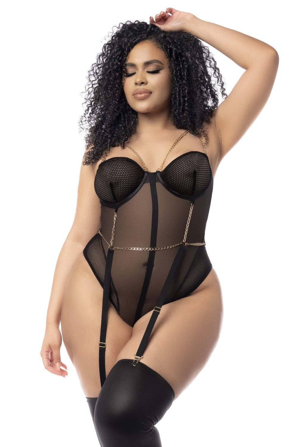 Body, grande taille, en résille transparente noire et jarretelles - MAL2727XBLK