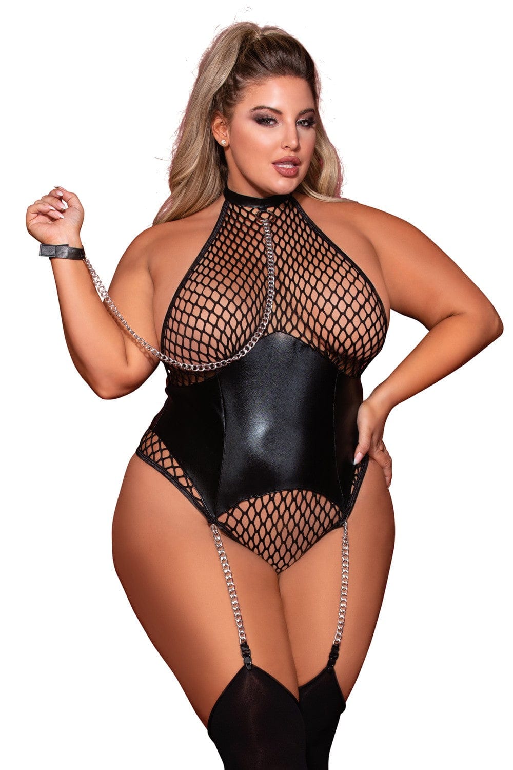 Body grande taille large résille et porte jarretelle simili cuir avec chainettes - DG12495XBLK