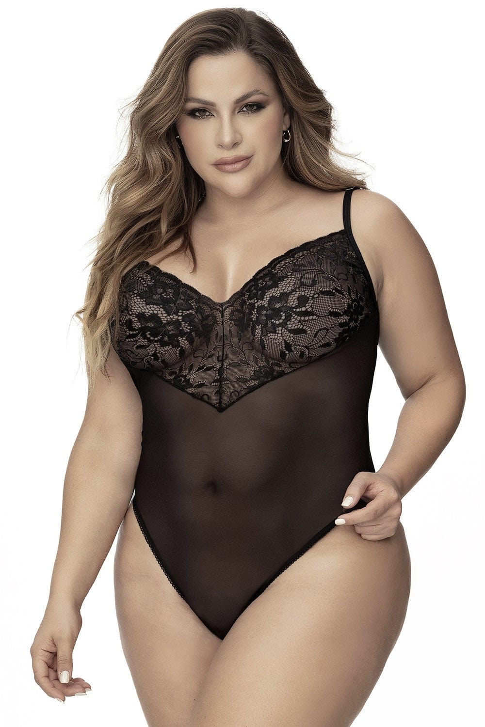 Body, grande taille, noir en dentelle et résille noire - MAL8795XBLK