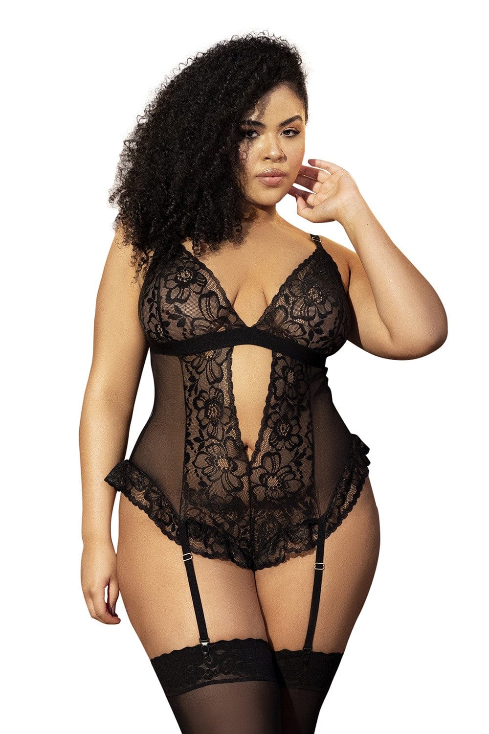 Body noir grande taille en dentelle et résille avec porte jarretelles - MAL8568XBLK