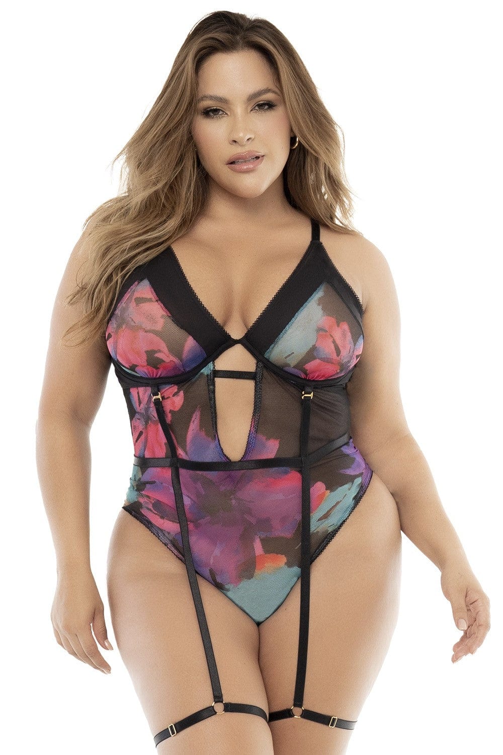 Body noir, grande taille, imprimé fleurs exotiques - MAL8774XPRT