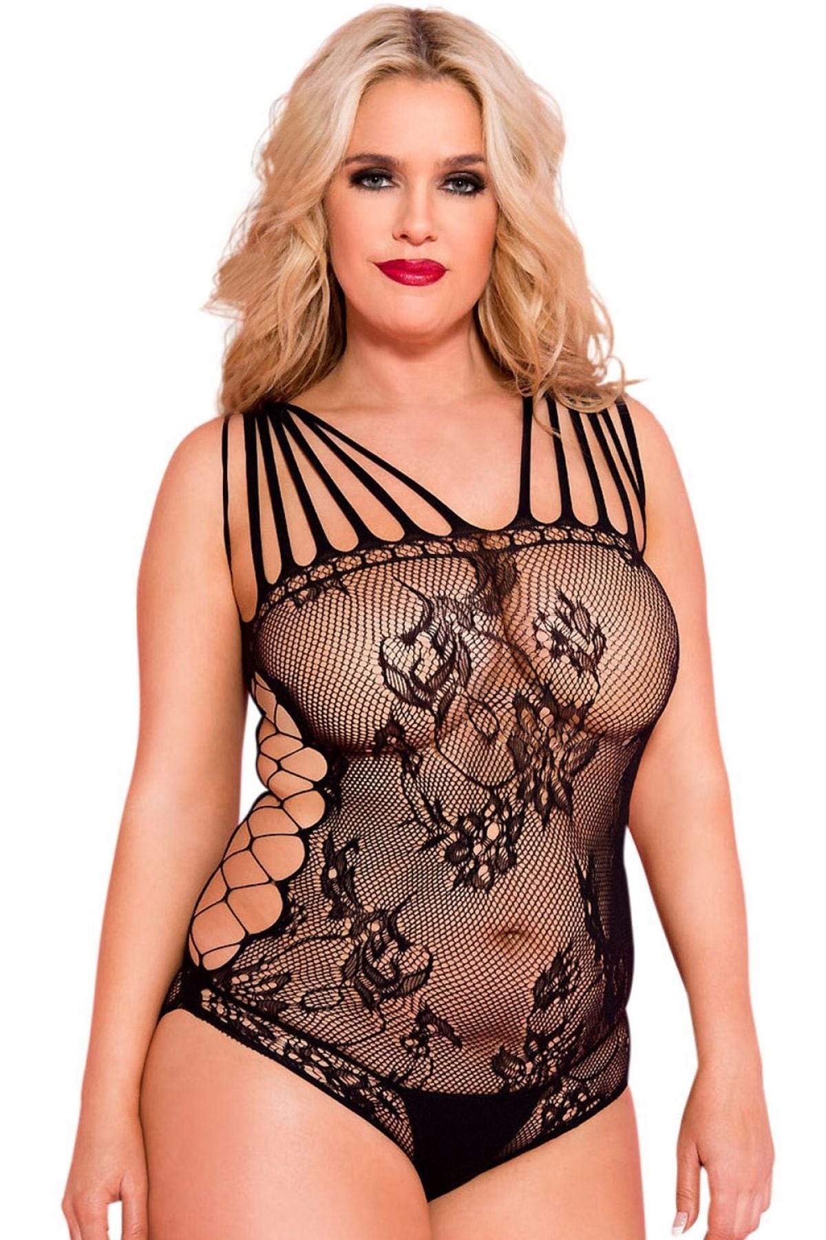 Body noir grande taille résille ajourée multi-bretelles - ML58033XBLK