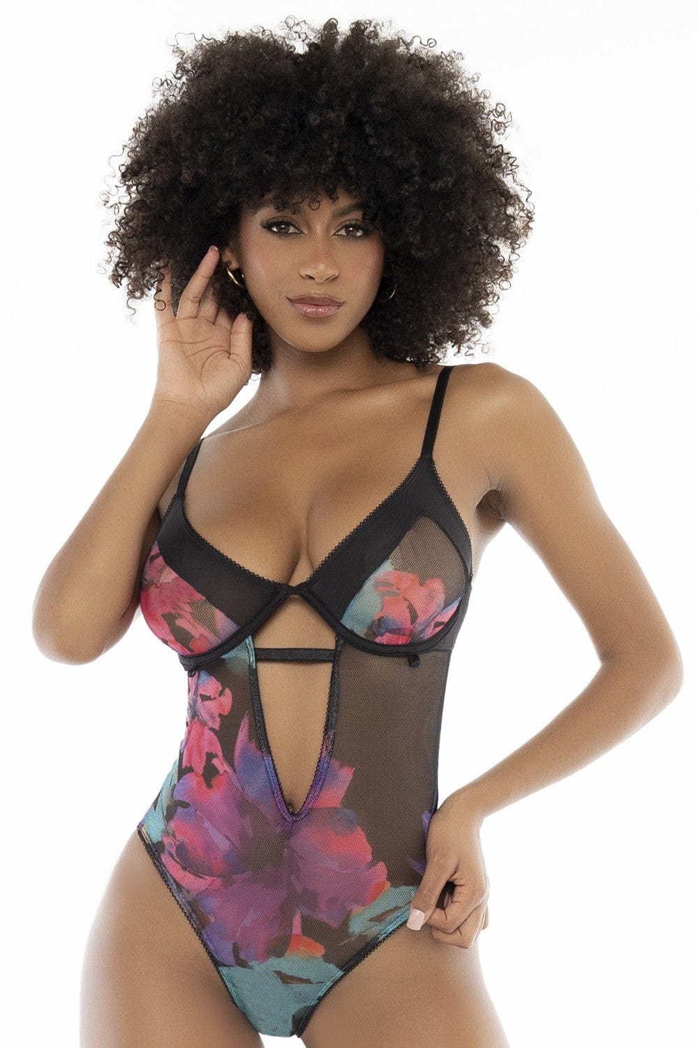 Body noir imprimé fleurs exotiques  - MAL8774PRT