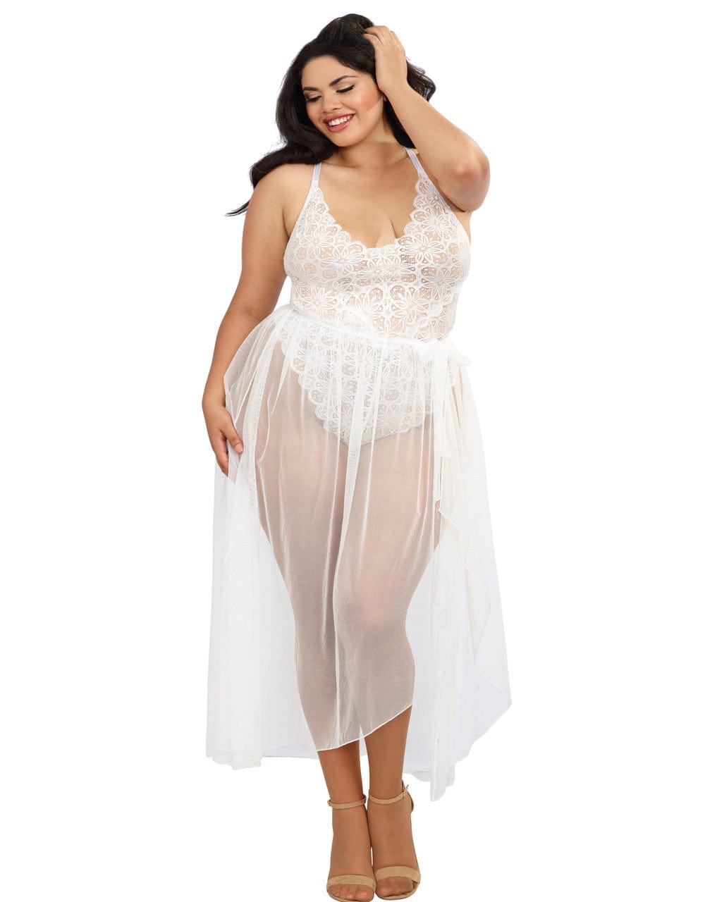 Body string grande taille blanc échancré dentelle avec jupe de maille transparente amovible - DG10996XWHT