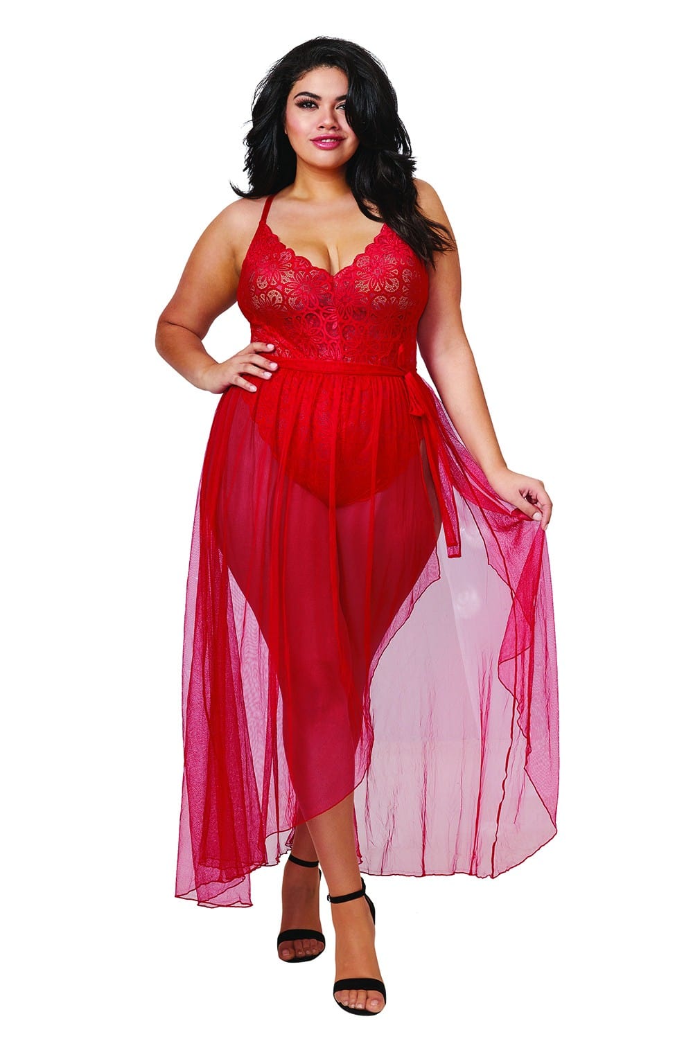 Body string rouge grande taille échancré dentelle avec jupe de maille transparente amovible - DG10996XRED