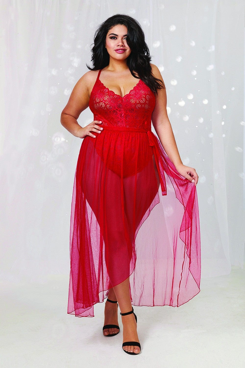 Body string rouge grande taille échancré dentelle avec jupe de maille transparente amovible - DG10996XRED