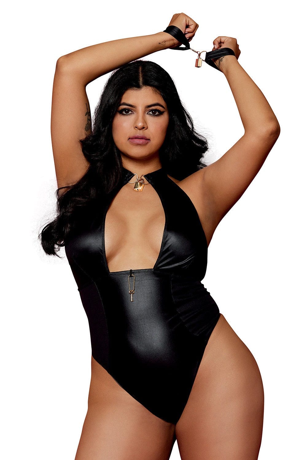 Body wetlook noir  grande taille avec menottes, cadenas bijoux et clé bijou inclus - DG12814XBLK