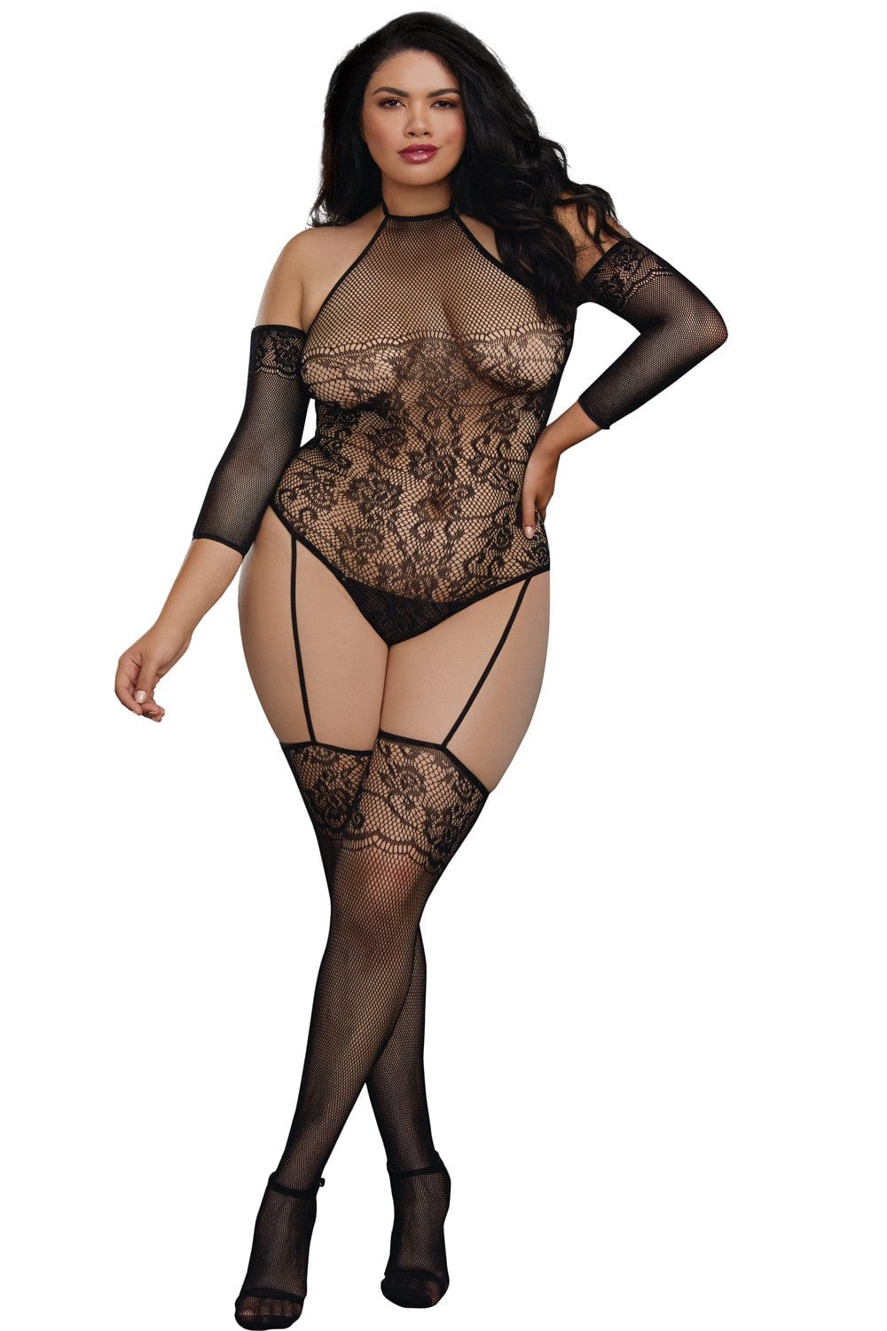 Bodystocking grande taille résille effet bas jarretelles - DG0310XBLK