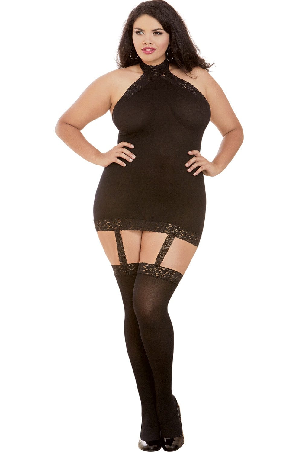 Bodystocking noir grande taille effet guêpière avec dentelle - DG0035XBLK