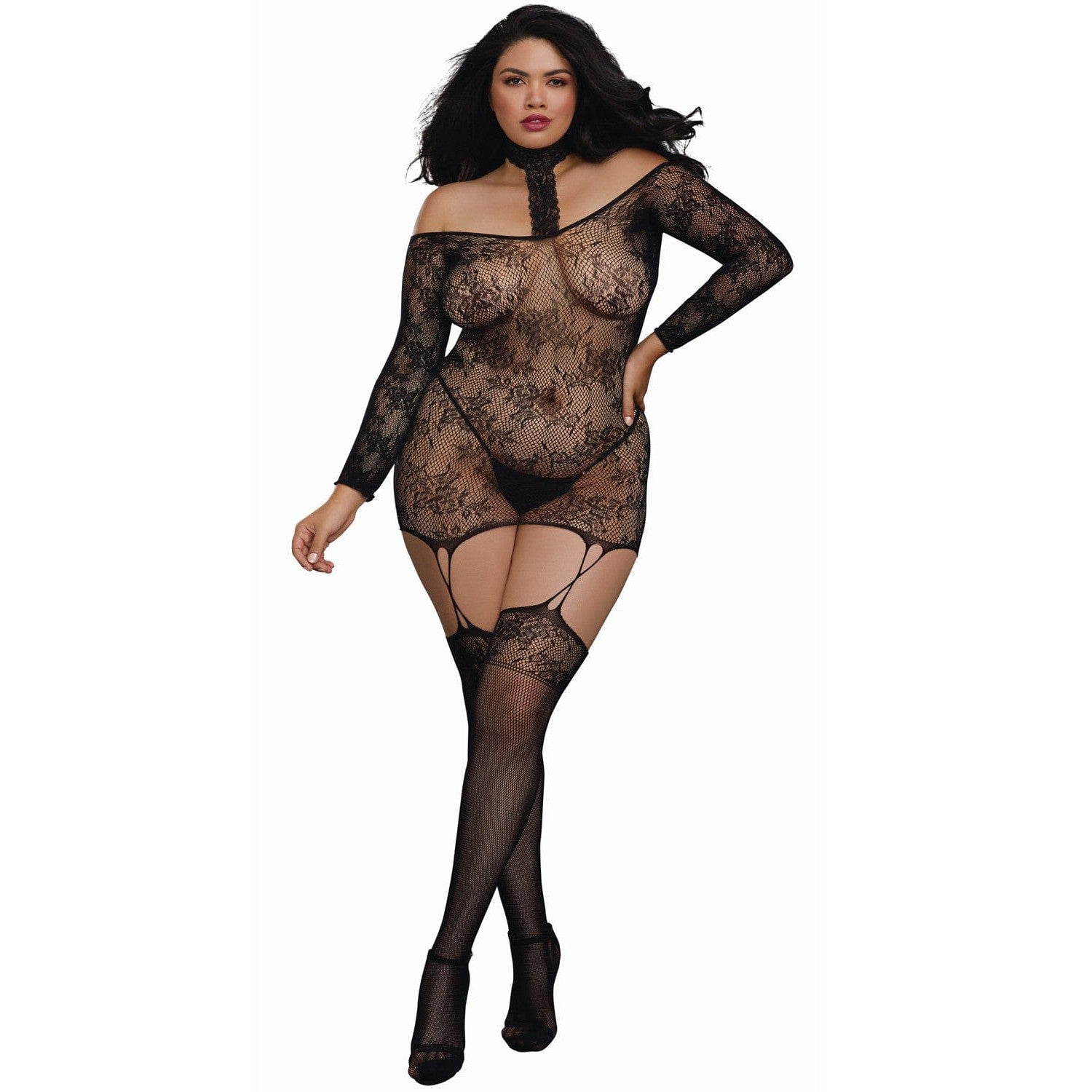 Bodystocking résille guêpière grande taille réversible avec tour de cou - DG0318XBLK