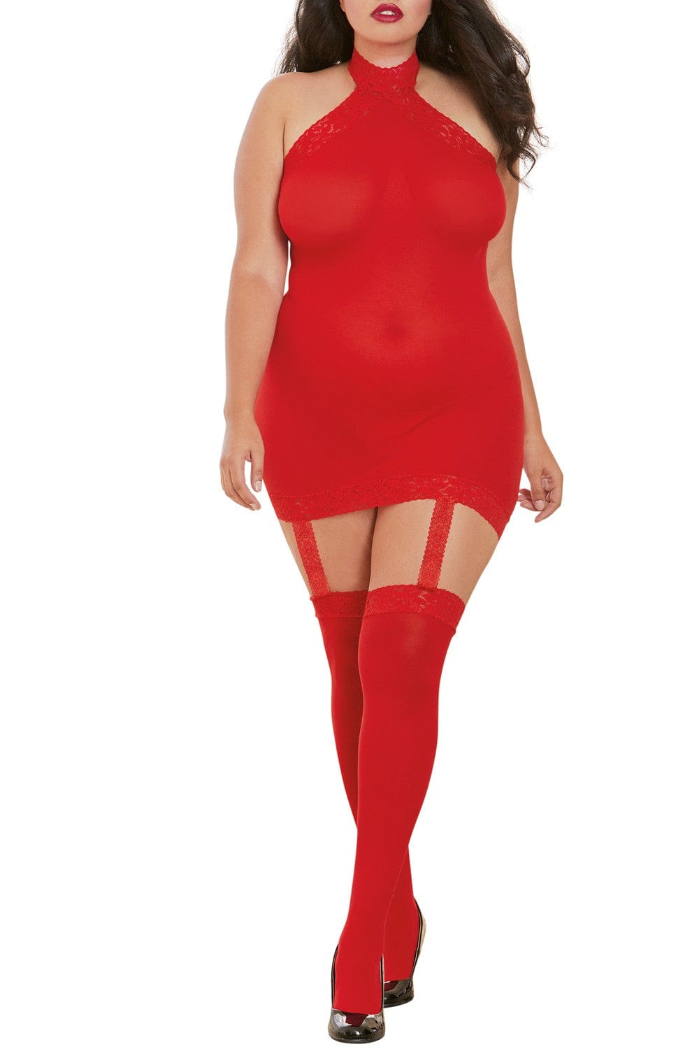 Bodystocking rouge grande taille effet guêpière avec dentelle - DG0035XRED