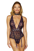 Bodystring Dentelle Bleu Avec Porte-Jarretelles Réglables