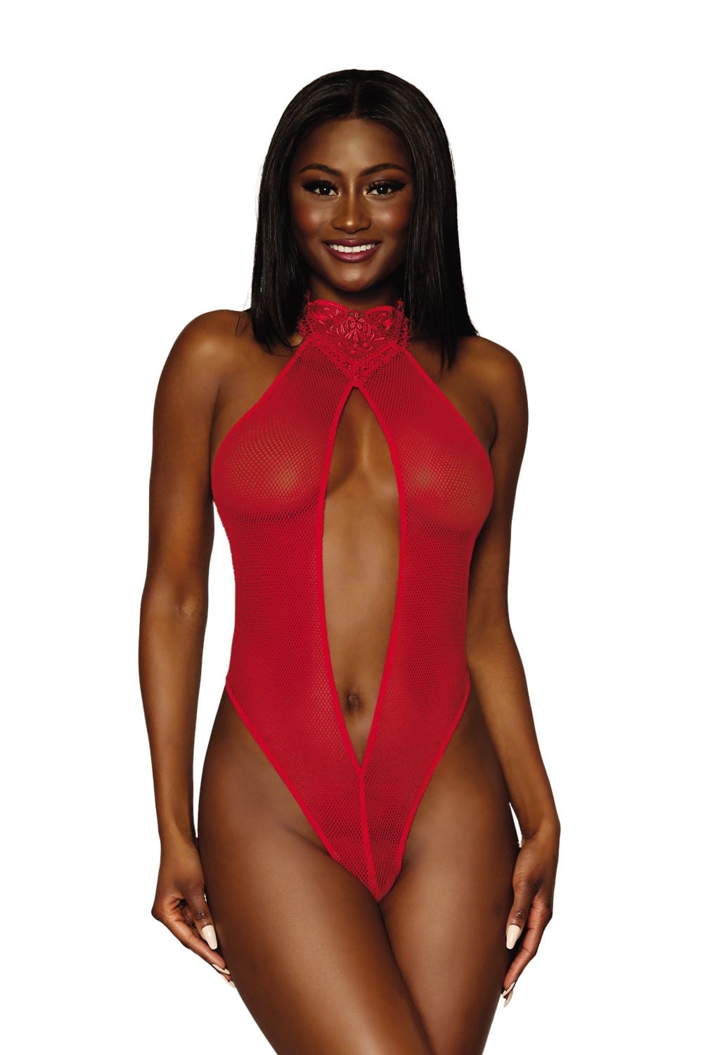 Bodystring en résille rouge ouvert à l'entrejambe - DG12679RED