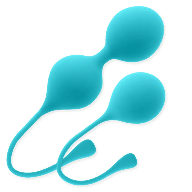 Boules chinoises en silicone bleu pour renforcement du plancher pelvien, deux tailles, design ergonomique et lisse.