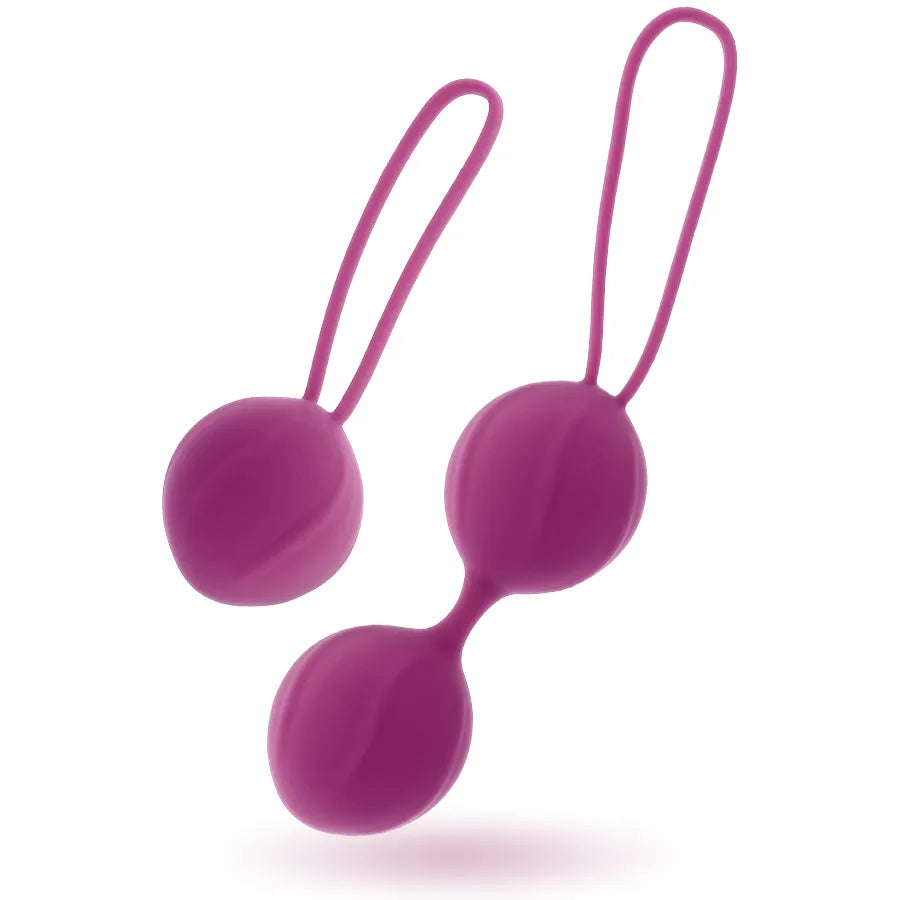 Boules de geisha en silicone violet, deux tailles, avec cordons pour renforcer le plancher pelvien.