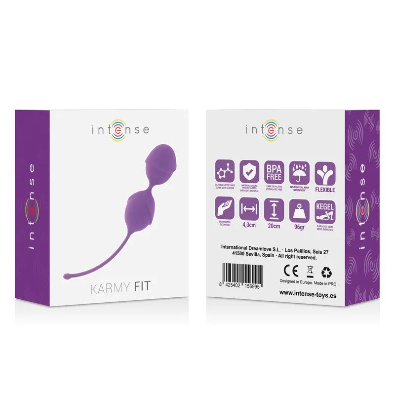 Boules de Kegel violettes en silicone médical avec boîte, pour tonus pelvien et confort quotidien.