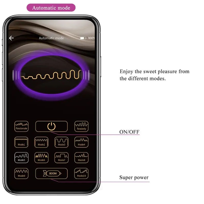 Boules Kegel vibrantes violettes en silicone avec 12 modes, affichées sur un écran de smartphone pour tonification pelvienne.