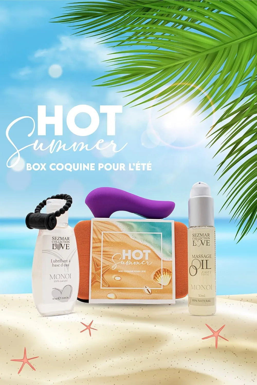 Box Couple Été: stimulateur violet, anneau noir, huile Monoï, sur fond plage et palmiers.