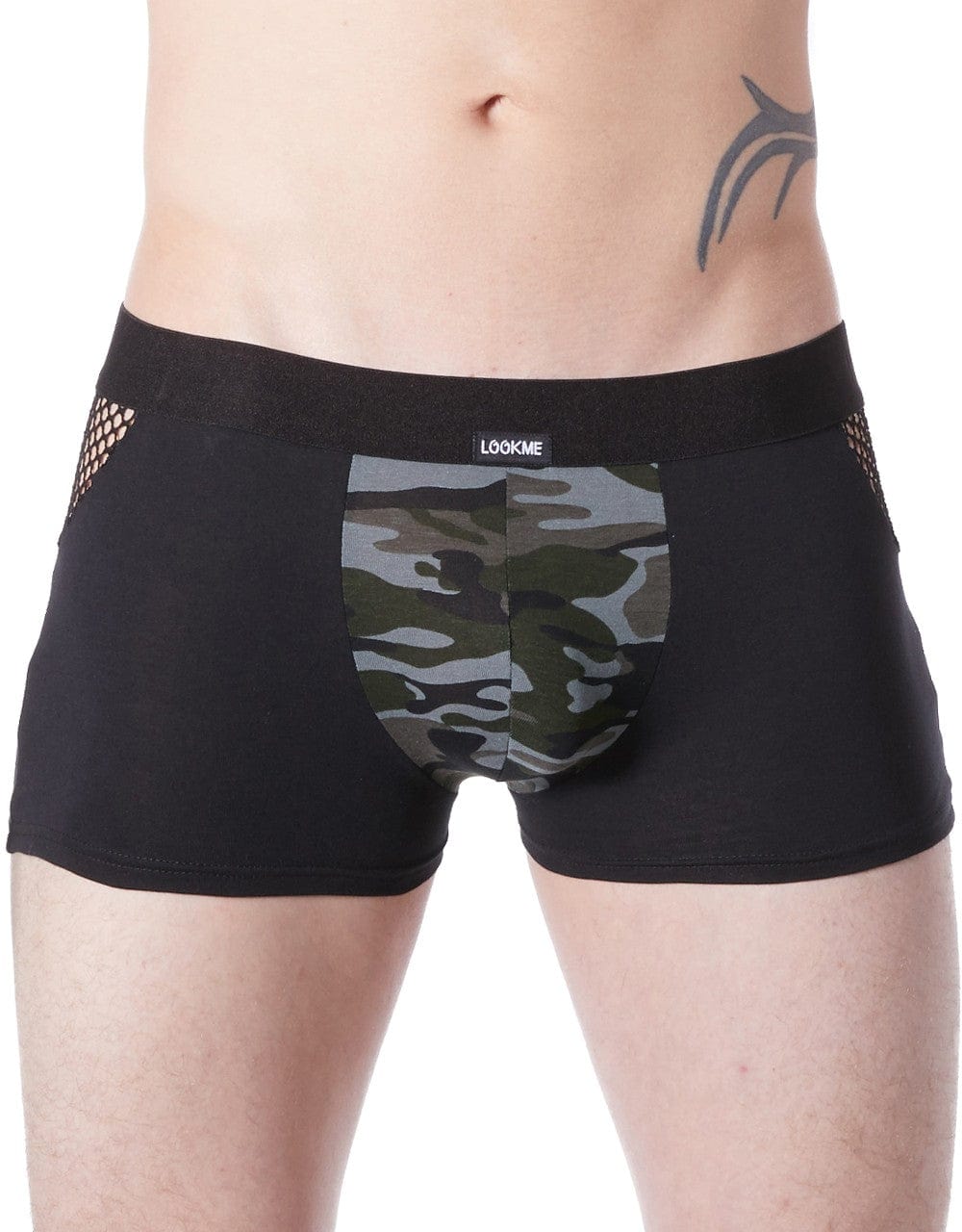 Boxer noir sexy armée déco camouflage côtés résille filet - LM814-67BLK