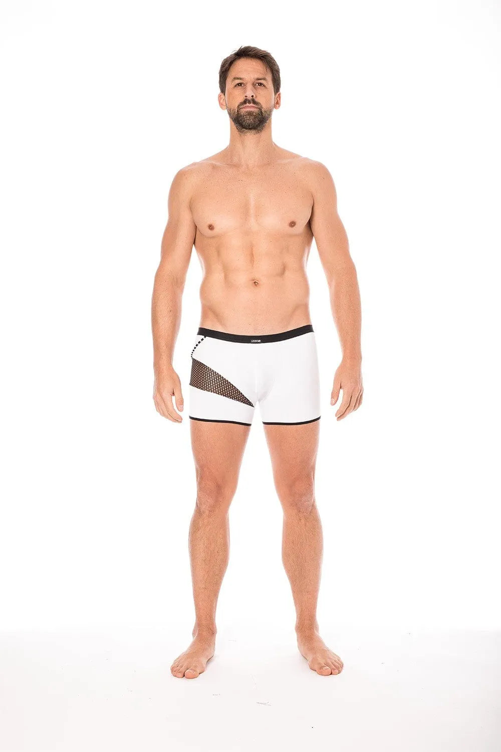 Boxer blanc sexy avec filet et cordelette, design moderne, en polyamide et élasthanne, pour un look branché et élégant.