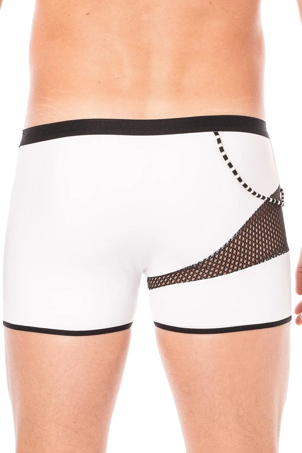 Boxer blanc homme avec filet et cordelette noire, design moderne et sexy, idéal pour un look branché et élégant.
