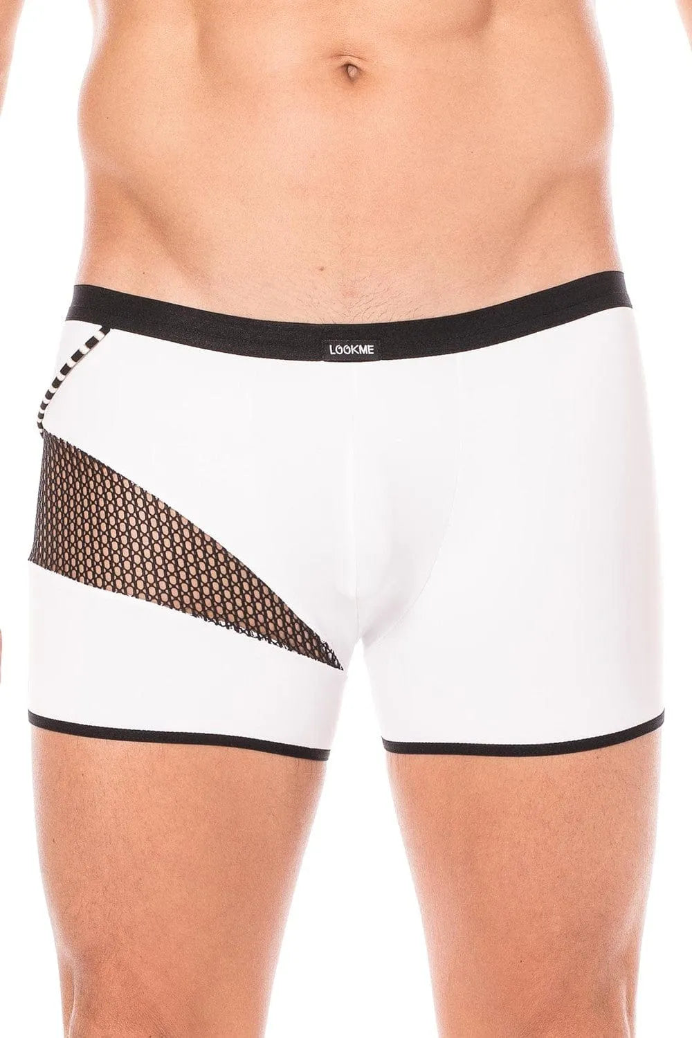 Boxer blanc sexy avec filet et cordelette, design moderne, collection Urban, 80% polyamide, 20% élasthanne.