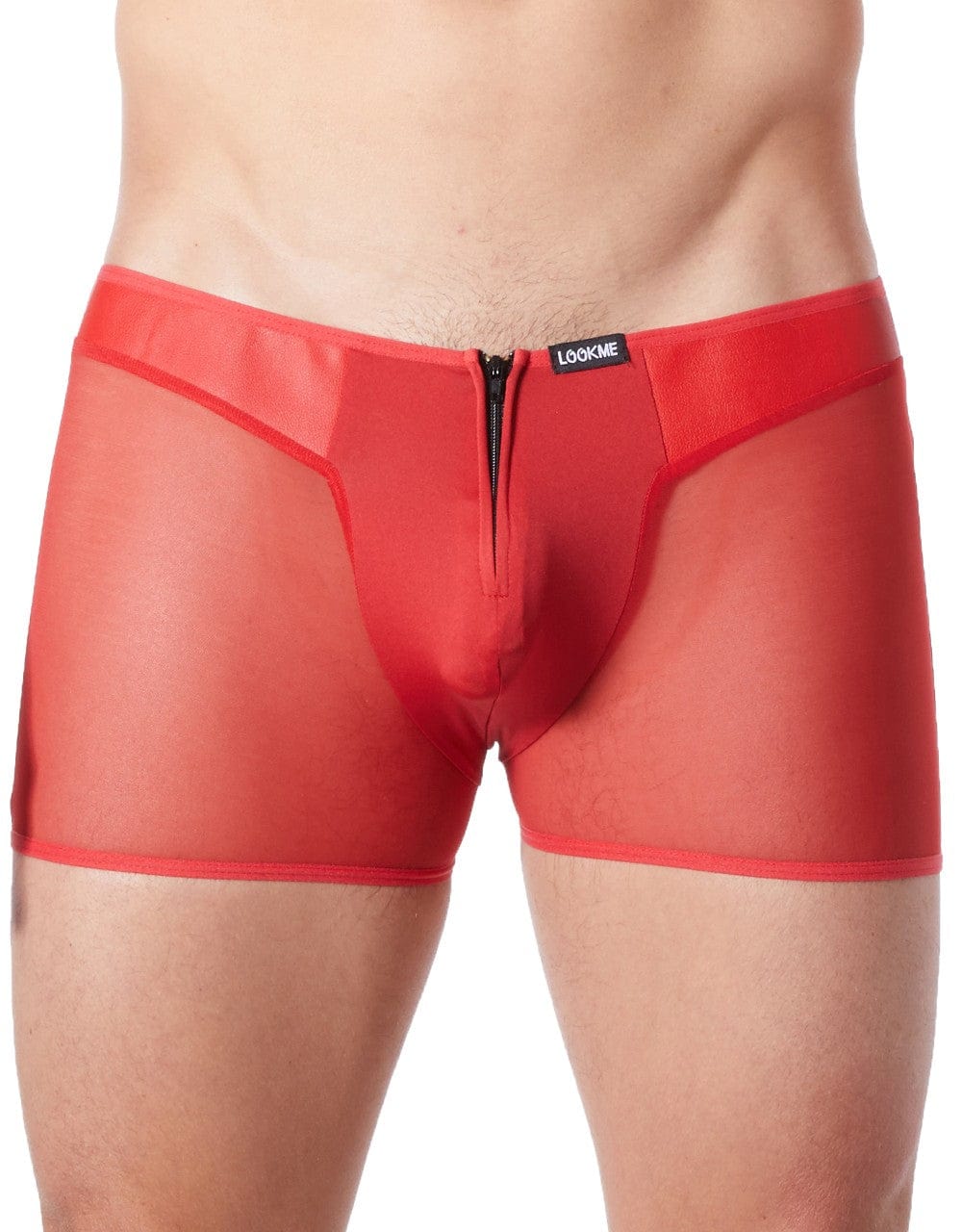 Boxer rouge sexy avec fermeture éclair et cà´tés style cuir et maille transparente - LM813-67RED