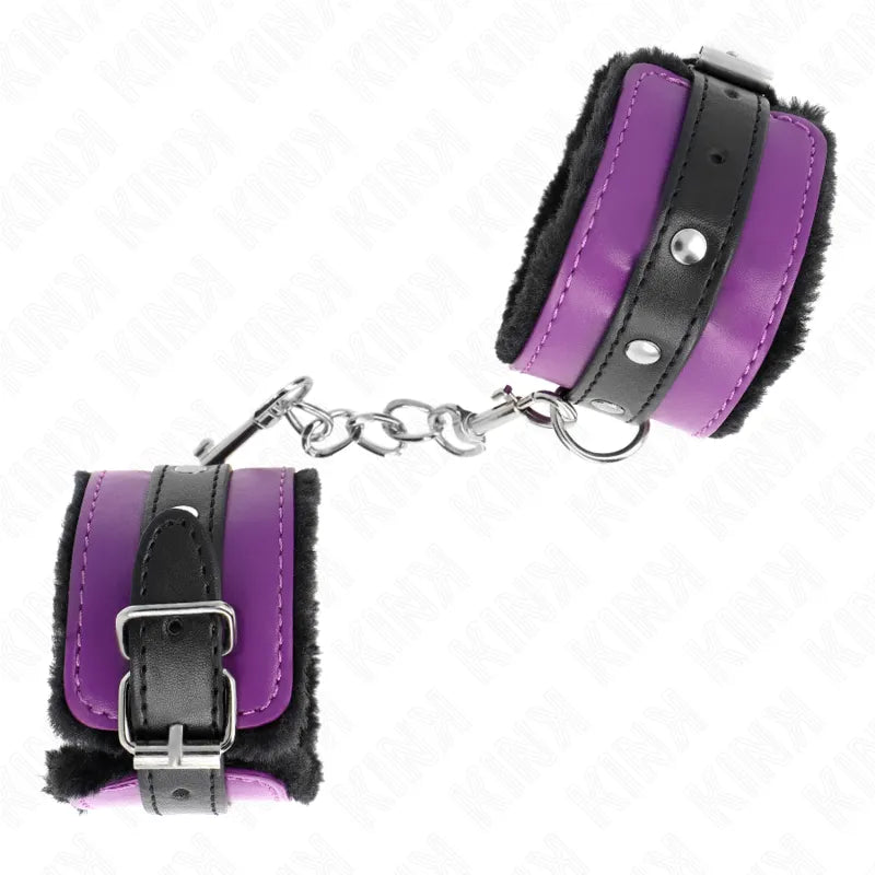 Bracelets BDSM en cuir végétalien violet et noir, design moderne avec fermetures métalliques, confort et style éthique.