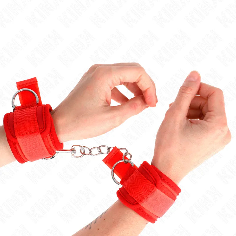 Bracelets BDSM rouges en cuir véritable, élégants et raffinés, avec chaîne métallique, pour expérience sensuelle et maîtri...