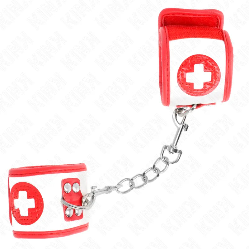 Bracelet BDSM cuir rouge et blanc avec chaîne, confort et sécurité, design élégant pour séances BDSM.