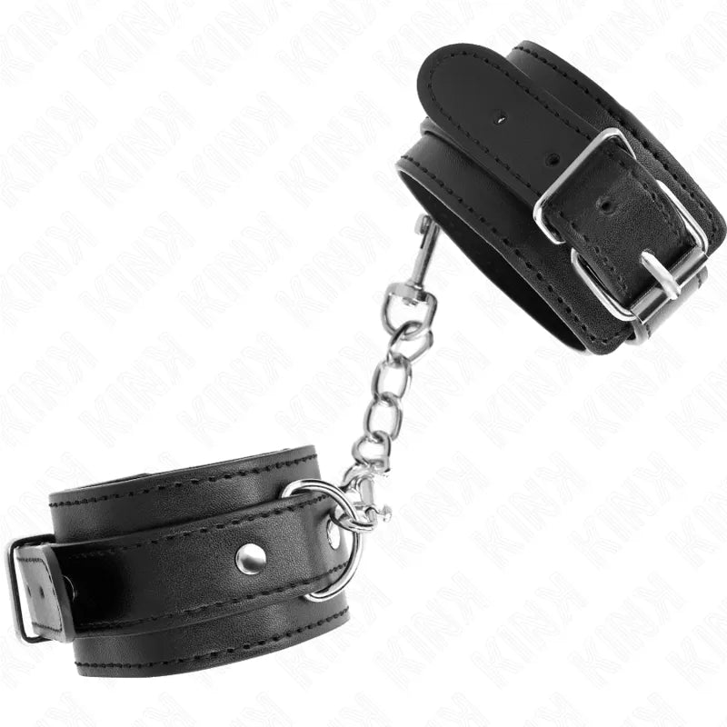 Bracelets BDSM cuir noir haut de gamme avec boucles métalliques et chaîne, élégance et durabilité pour jeux sophistiqués.