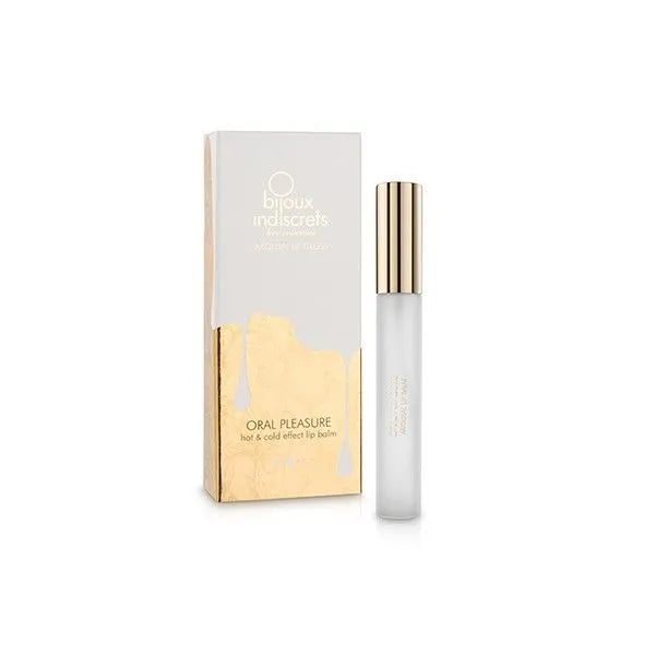 Brillant à lèvres transparent avec effet chaud-froid, flacon élégant doré, boîte blanche et dorée, érotique et sensoriel.