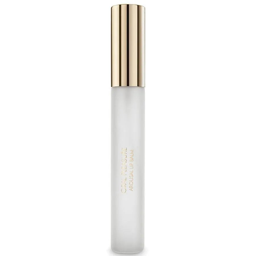 Brillant à lèvres transparent avec bouchon doré, effet chaud froid érotique, flacon élégant pour sensations intenses.
