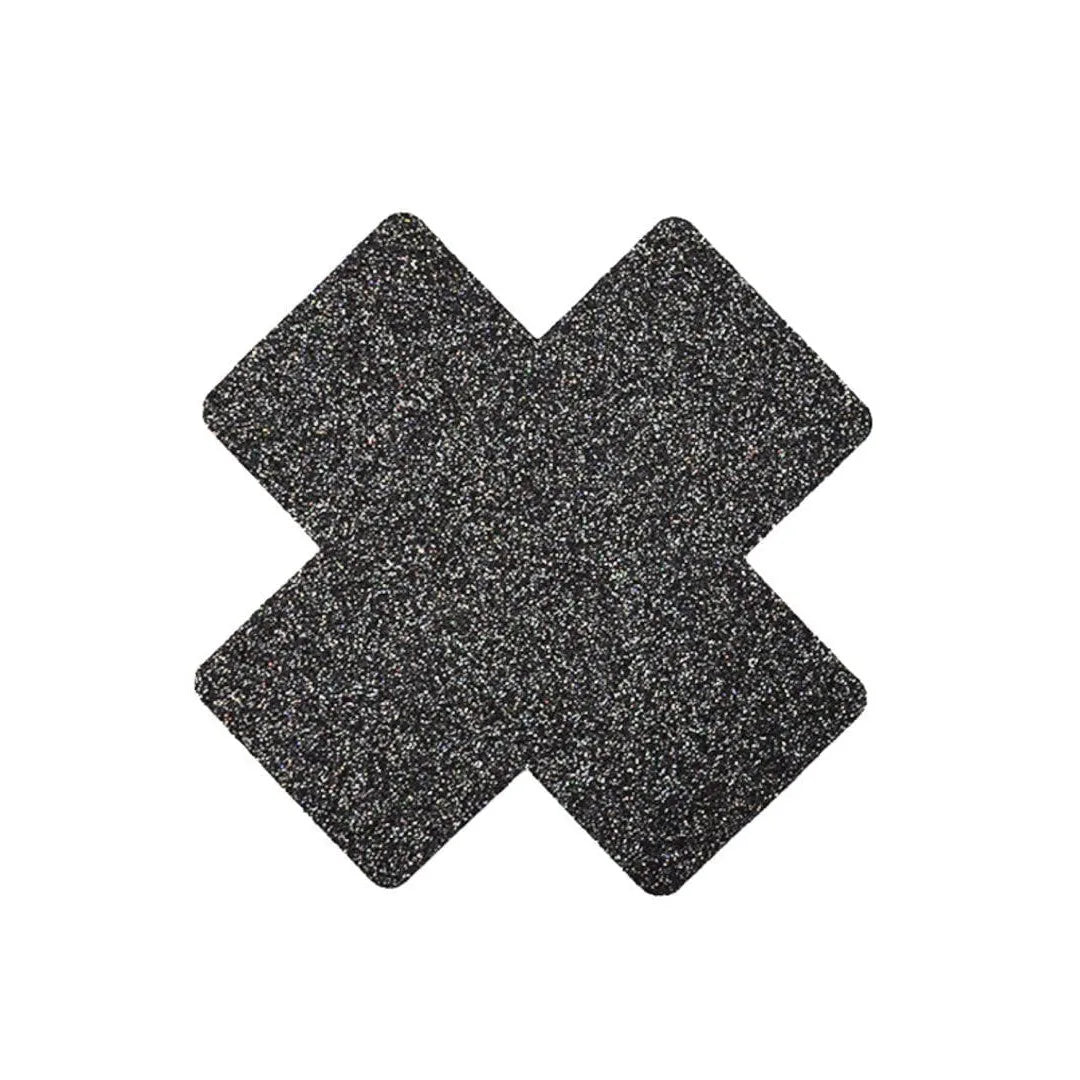 Cache-tétons croix noire pailletée élégante, finition brillante, accessoire chic et audacieux pour tenue glamour.