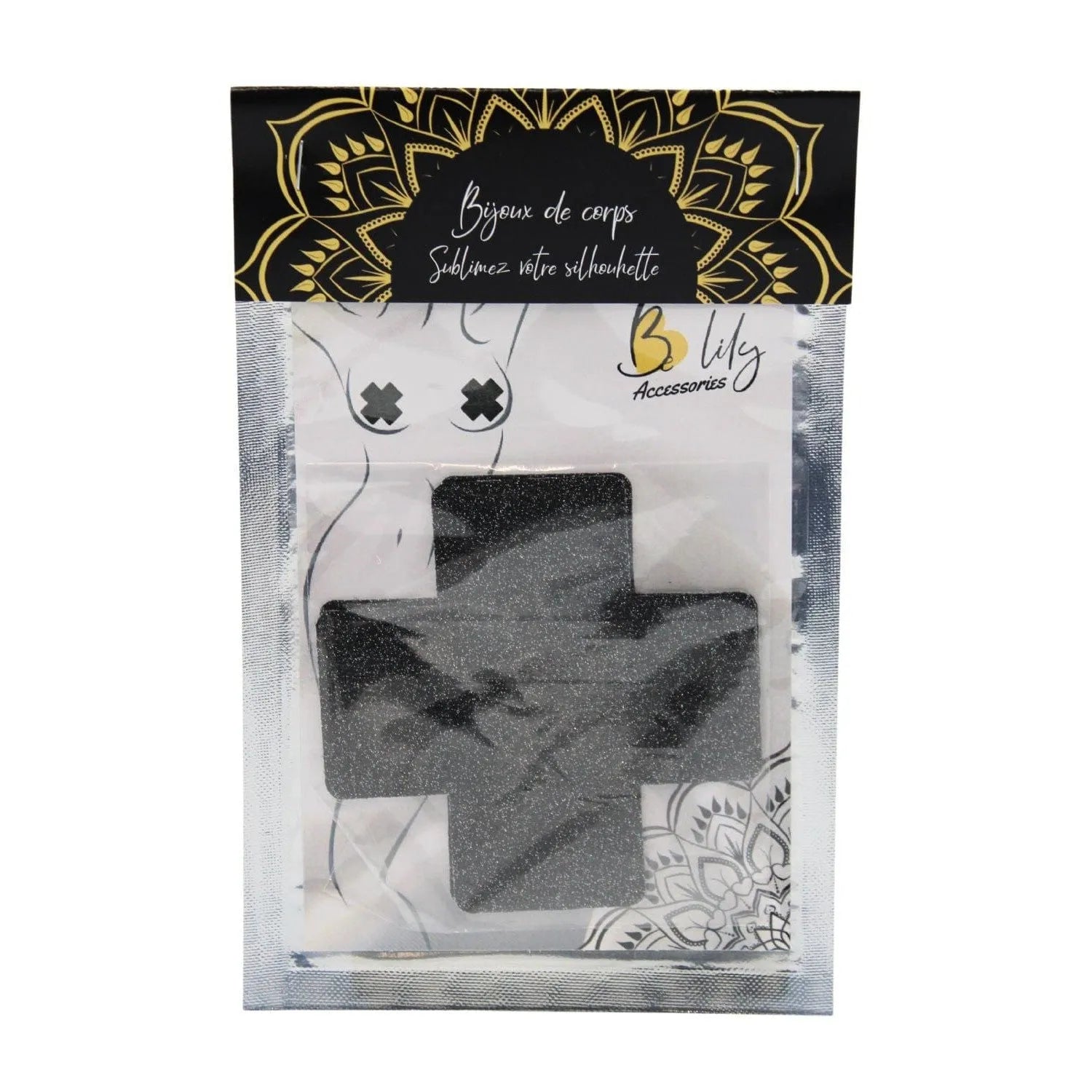 Cache-tétons croix noire pailletée, élégante et chic, dans un emballage transparent avec motifs dorés.