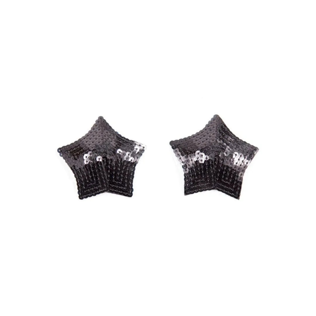 Caches mamelons adhésifs étoile en sequins noirs brillants, élégants et réutilisables pour occasions spéciales.