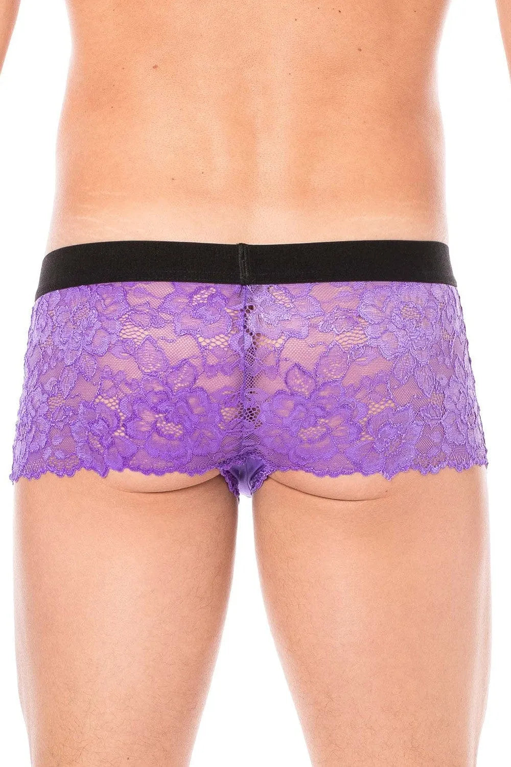 Caleçon homme en dentelle violette avec motif floral, poche opaque, ceinture noire, ajusté et élégant pour confort optimal.