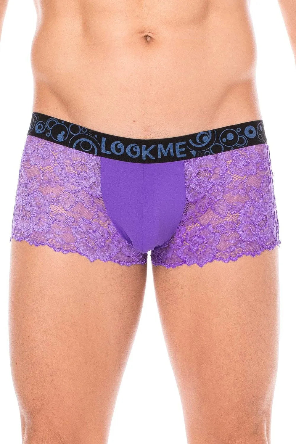 Caleçon homme dentelle violette, motif floral, poche opaque, ceinture noire, confort et élégance, collection Lace.