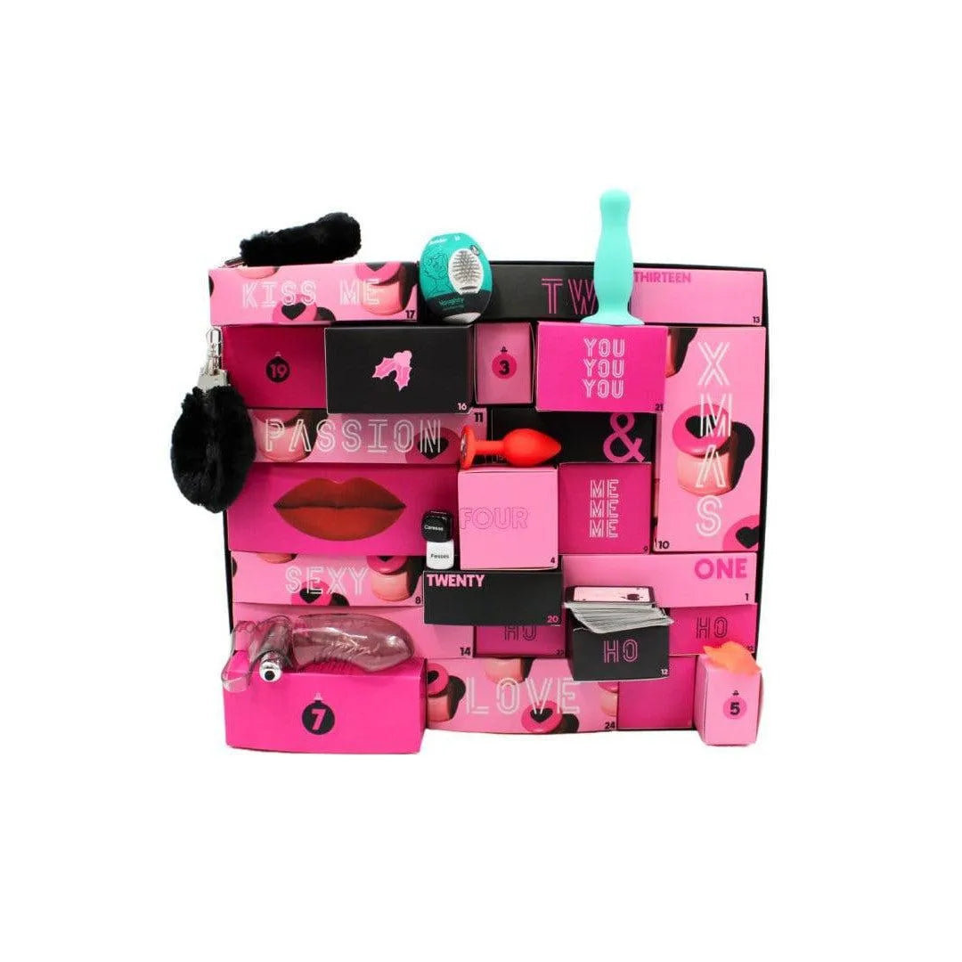 Calendrier de l'Avent érotique rose et noir, 24 cases avec jouets intimes et accessoires pour couples hétéro 2024.