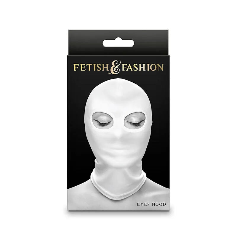 Capuche BDSM blanche en nylon, yeux exposés, texture lisse, idéal pour jeux de pouvoir et mystère.