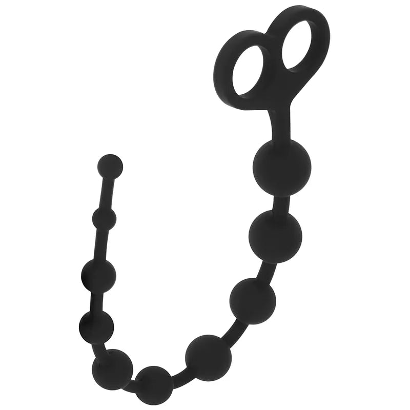 Chaîne anale noire en silicone médical souple, 30 cm, avec perles progressives et poignée ergonomique pour confort optimal.