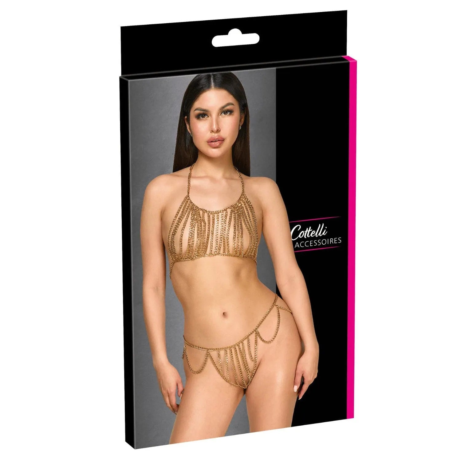 Chaîne de lingerie érotique dorée ajustable, délicate et élégante, mettant en valeur la silhouette féminine.