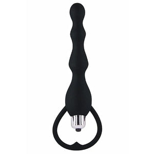 Chapelet anal vibrant noir silicone médical ABS poignée retrait orgasmique longueur 17cm diamètre 1cm 3cm base 115mm piles LR44 incluses