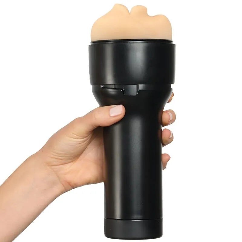 Chauffe-Bouche Interactif Kiiroo noir, design ergonomique, embout beige réaliste, technologie avancée pour plaisir intime.