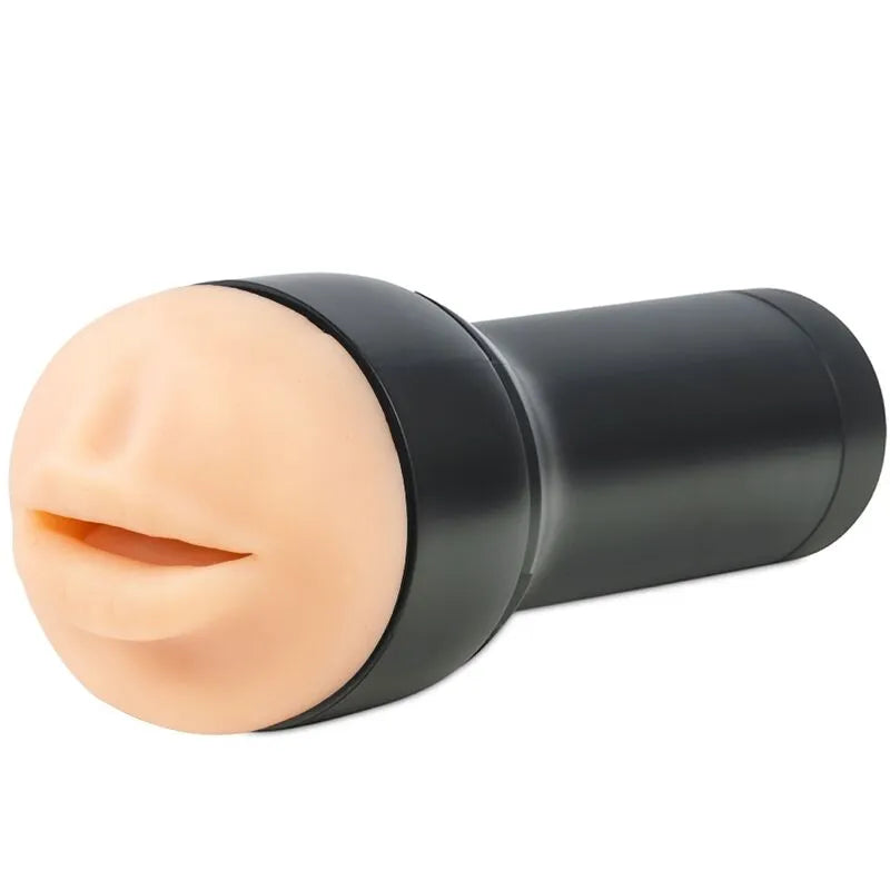 Chauffe-Bouche Kiiroo noir, forme cylindrique, embout réaliste beige, technologie interactive pour expérience intime.