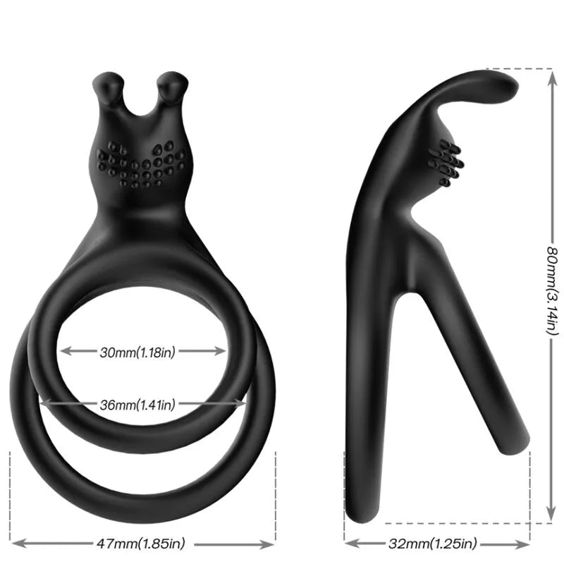 Anneau pénien noir en silicone médical, design ergonomique, double anneau, dimensions visibles, optimise performance intime.