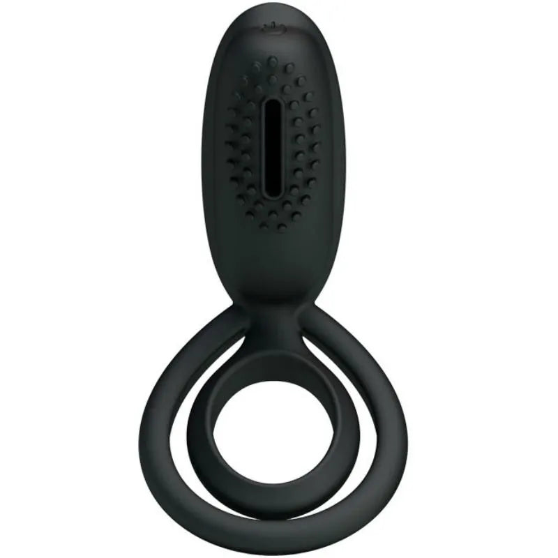 Cockring silicone noir vibrant, double anneau, stimulation clitoridienne, texture douce, design ergonomique.